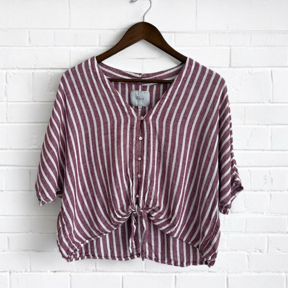 RAILS Women Sz Large Shirt Top Thea Milos Stripe Red Tie Crop Linen Blend